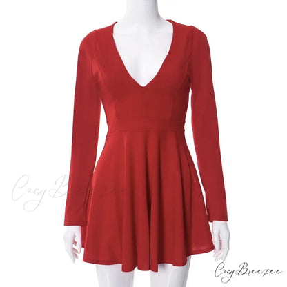 Low Cut Long Sleeve Backless A Line Mini Dress Red / S