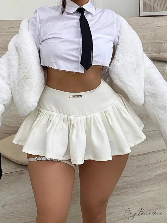 Low-Rise Letter Tag Pleated Skirt WHITE / S skirts-250223
