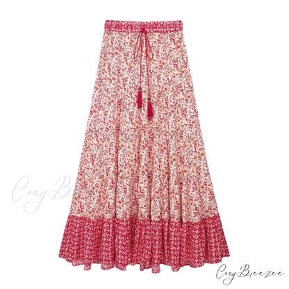 Low Waist A-line Beach Skirt Floral Red Maxi Ruffled Holiday skirt-250126