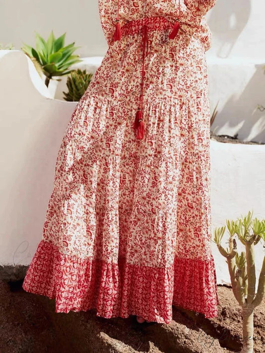 Low Waist A-line Beach Skirt Floral Red Maxi Ruffled Holiday Skirts / XS skirt-250126