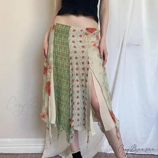 Low Waist Boho Skirts Irregular Length Floral Chiffon Vacation floral printing / S skirt-250126