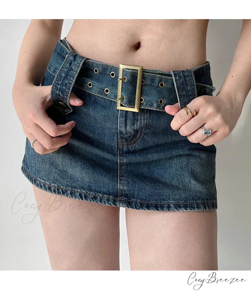 Low-Waist Distressed Blue Denim Skirt skirts-250223