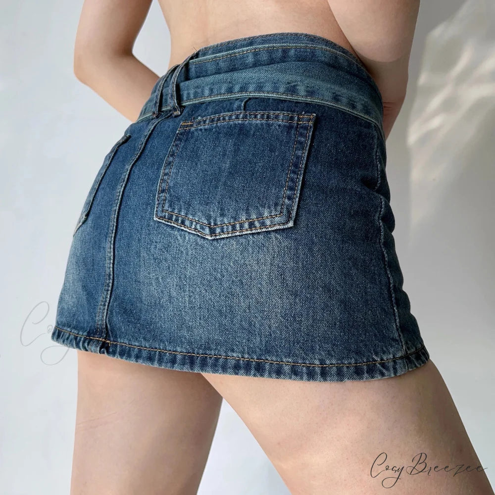 Low-Waist Distressed Blue Denim Skirt skirts-250223