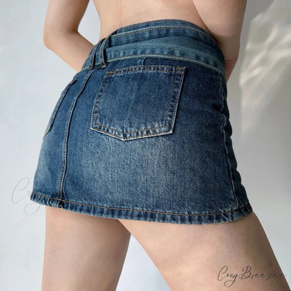 Low-Waist Distressed Blue Denim Skirt skirts-250223