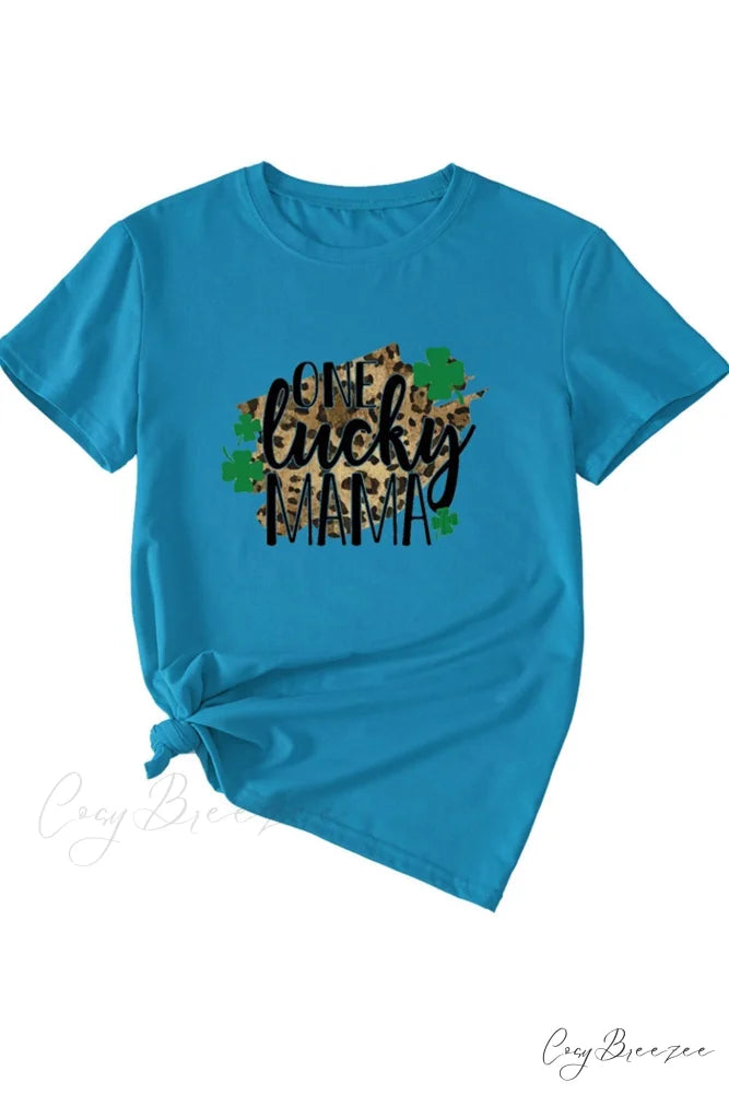 Lucky Mama Leopard Graphic T-shirt Blue / S