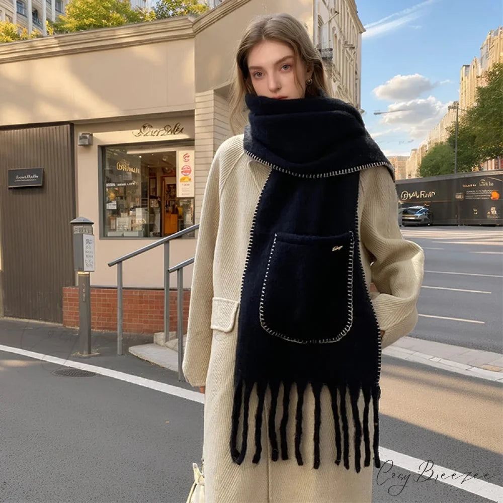 Luxurious Cashmere Solid Color Pocket Scarf black scarf-241228
