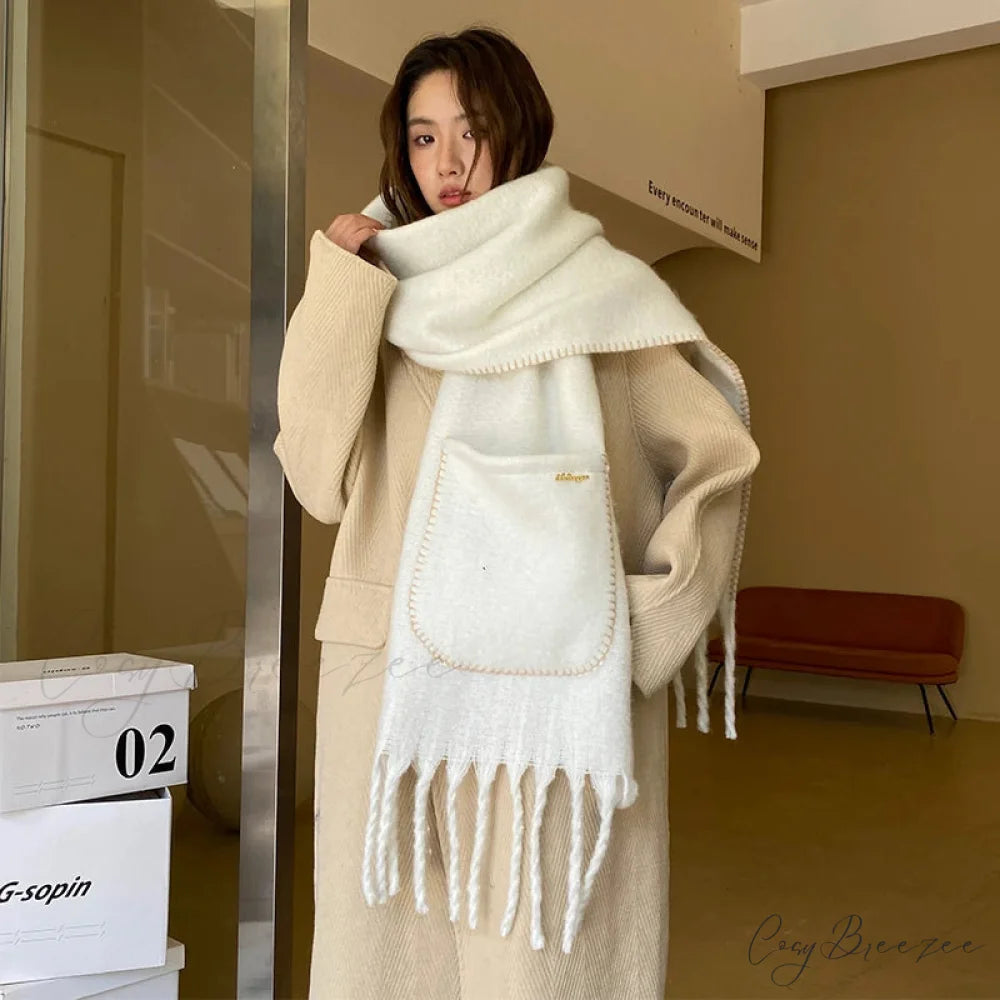Luxurious Cashmere Solid Color Pocket Scarf white scarf-241228