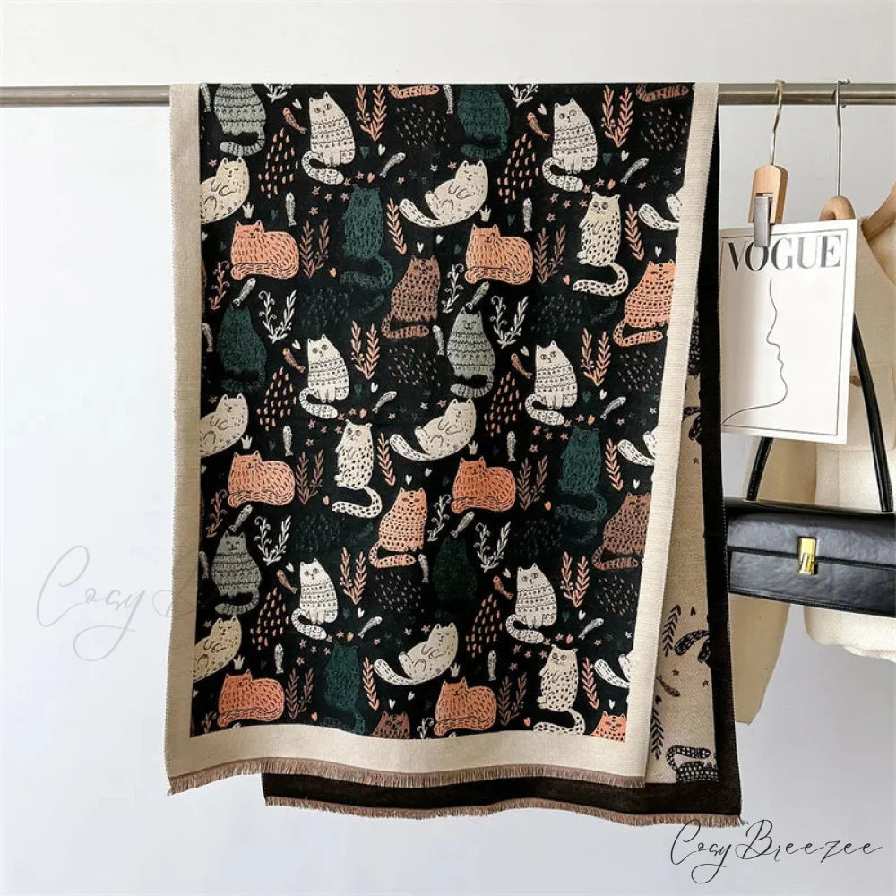 Luxurious Cat Print Cashmere Thick Scarf scarf-241228