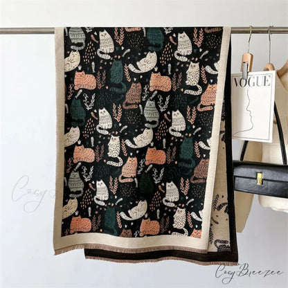 Luxurious Cat Print Cashmere Thick Scarf scarf-241228