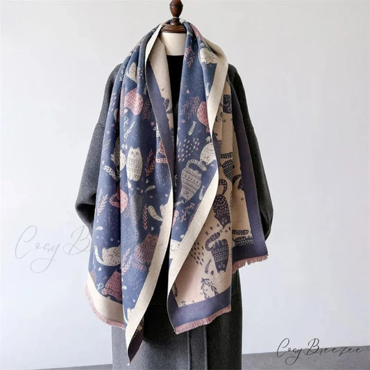 Luxurious Cat Print Cashmere Thick Scarf blue scarf-241228