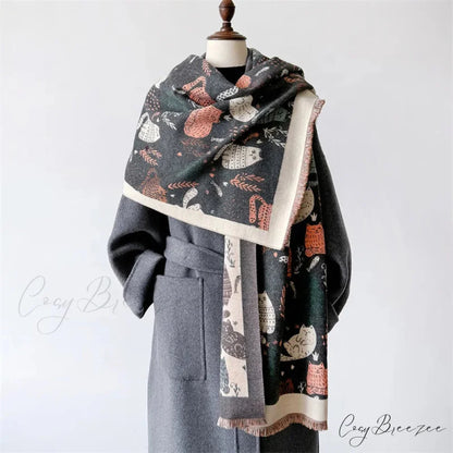 Luxurious Cat Print Cashmere Thick Scarf grey scarf-241228