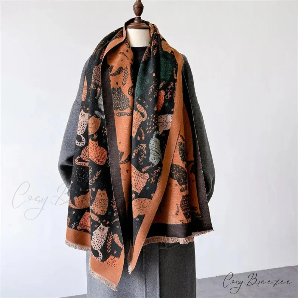 Luxurious Cat Print Cashmere Thick Scarf red scarf-241228