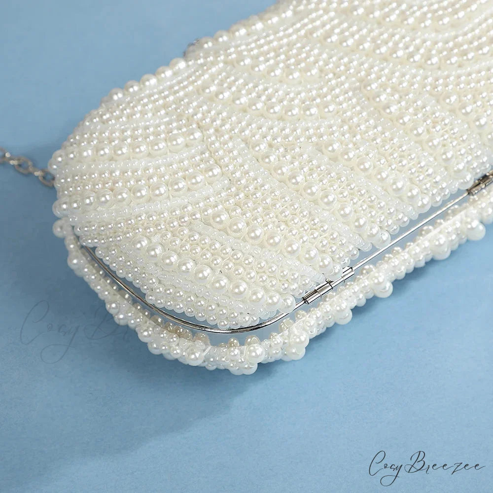 Luxurious Retro Pearl Wave Style Evening Clutch Bag WHITE clutchbag-250126