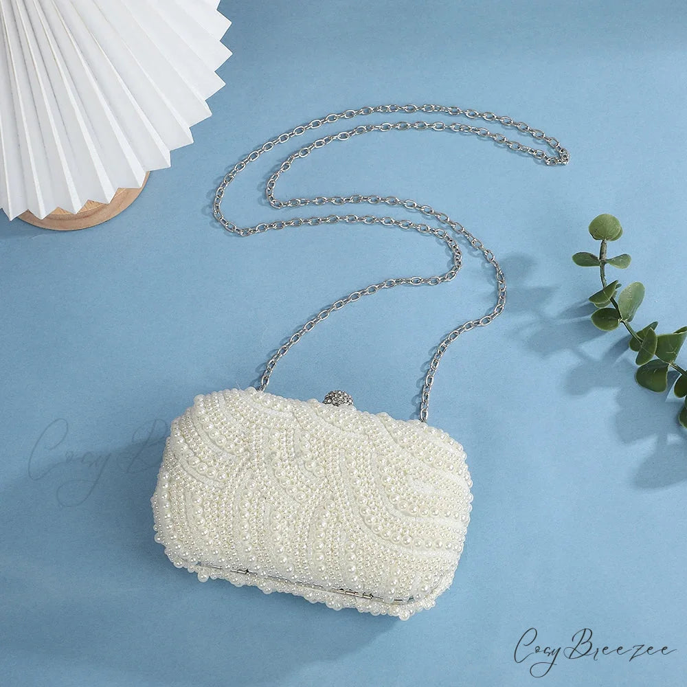 Luxurious Retro Pearl Wave Style Evening Clutch Bag WHITE clutchbag-250126