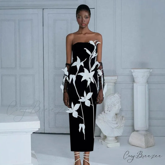 Luxurious Strapless Bandage Formal Dress with 3D Floral Details black / XS promdress-250223