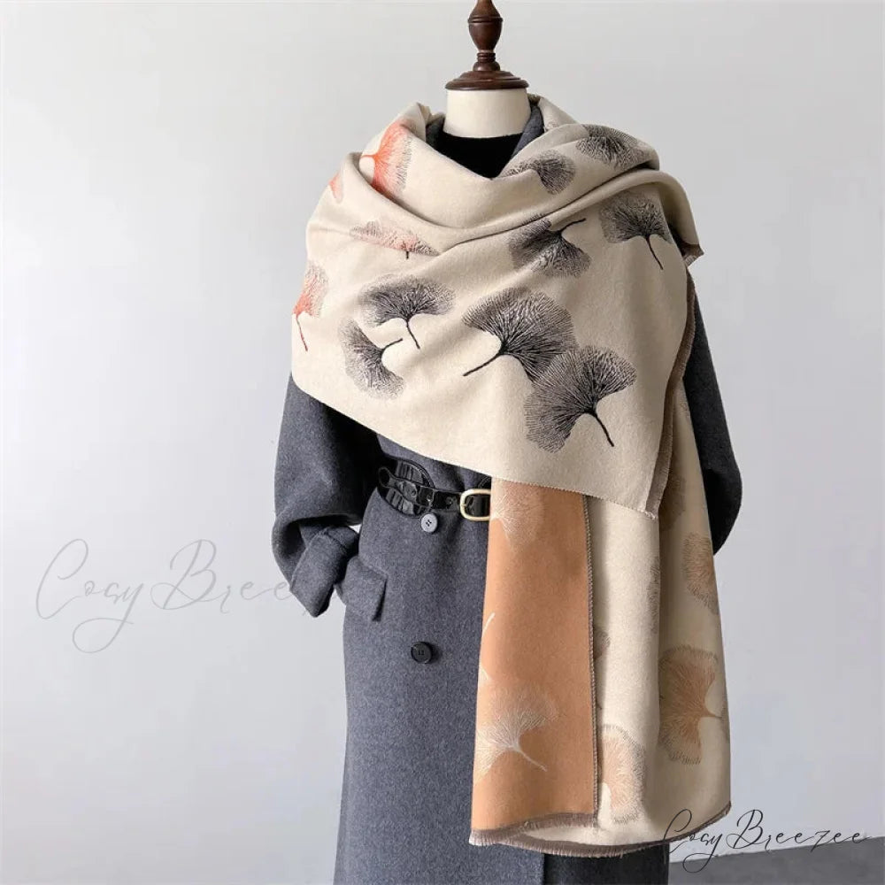 Luxury Cashmere Floral Pashmina Scarf beige scarf-241228