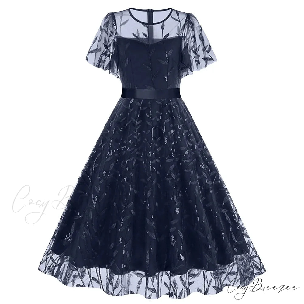 Luxury Deep V-Neck High-Waisted Lace-Up Formal Cocktail Evening Dress Navy / S