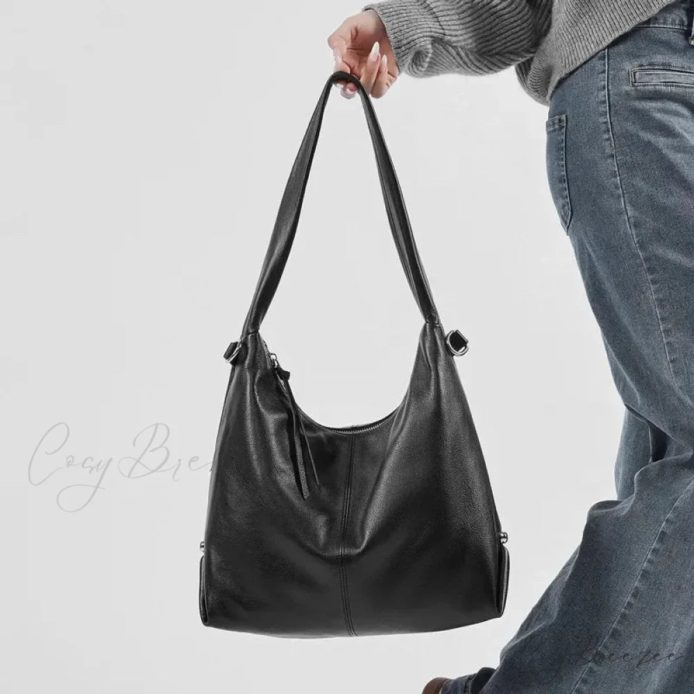 Luxury Genuine Leather Large Hobo Black shoulder-250126
