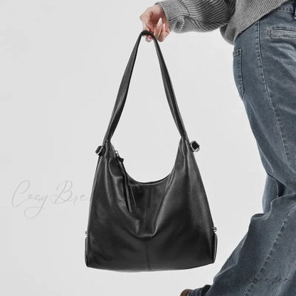 Luxury Genuine Leather Large Hobo Black shoulder-250126