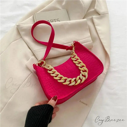 Luxury Metal Chain Shoulder Handbag Elegant Clutch Rose Red handbag-250126