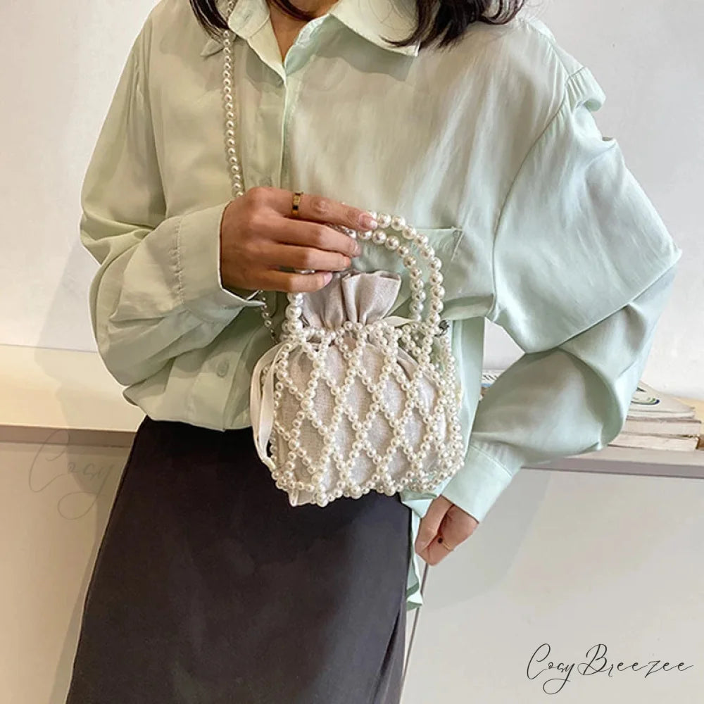 Luxury Pearl Woven Bucket Tote Handbag White handbag-250126