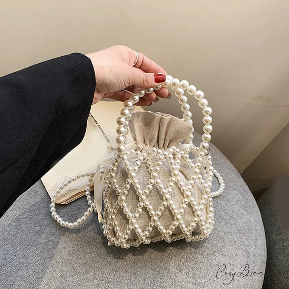 Luxury Pearl Woven Bucket Tote Handbag White handbag-250126
