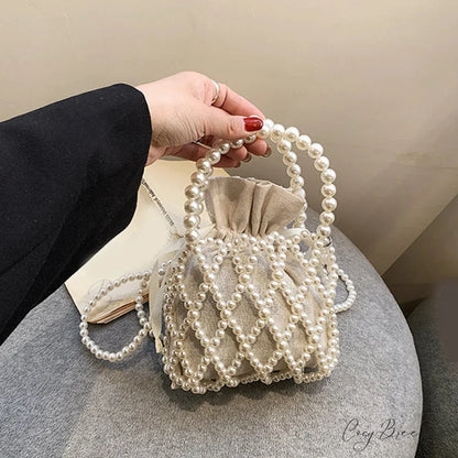Luxury Pearl Woven Bucket Tote Handbag White handbag-250126