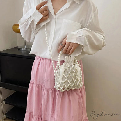 Luxury Pearl Woven Bucket Tote Handbag White handbag-250126