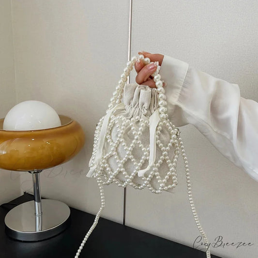 Luxury Pearl Woven Bucket Tote Handbag White handbag-250126