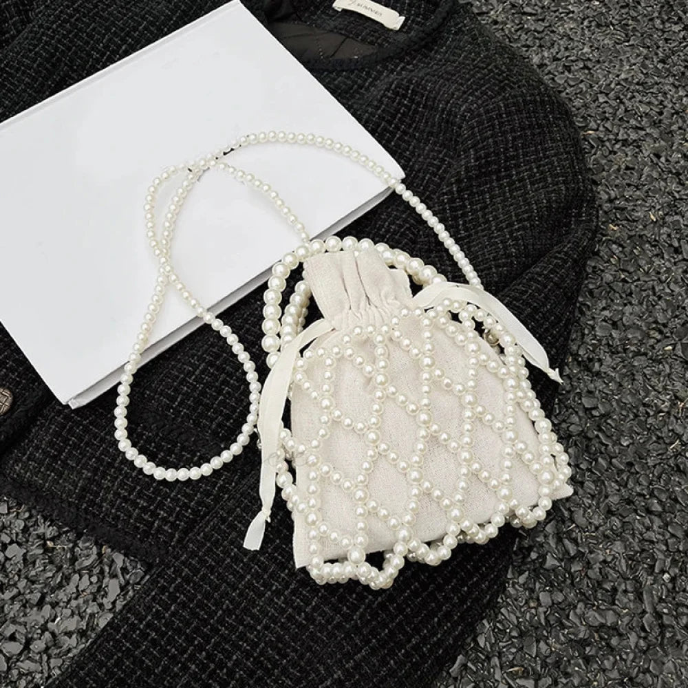Luxury Pearl Woven Bucket Tote Handbag White handbag-250126