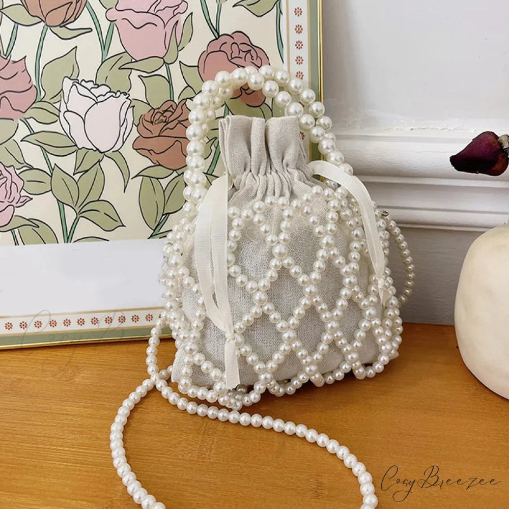 Luxury Pearl Woven Bucket Tote Handbag White handbag-250126