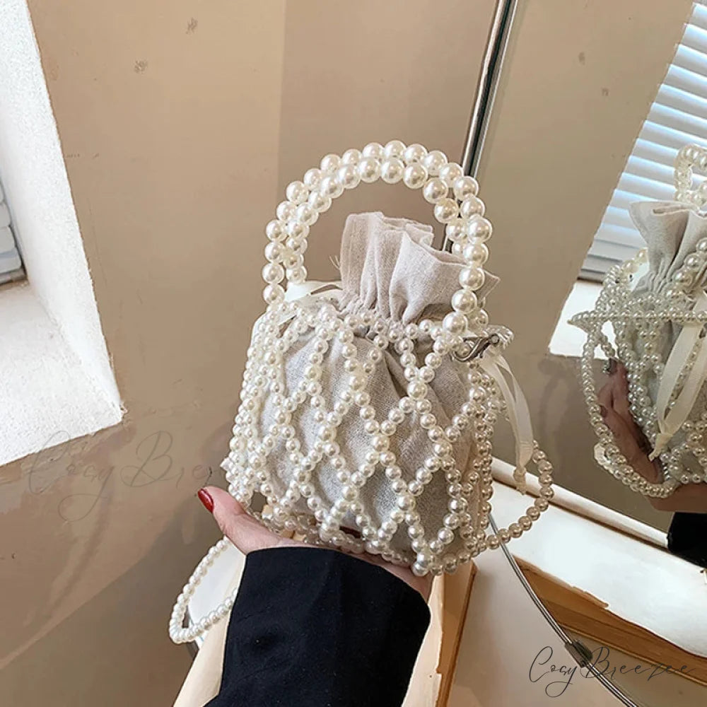 Luxury Pearl Woven Bucket Tote Handbag White handbag-250126