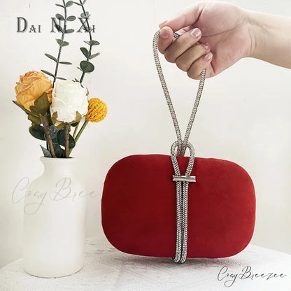 Luxury Red Velvet Crystal Handle Evening Wedding Tote Handbag Wine red clutchbag-250126