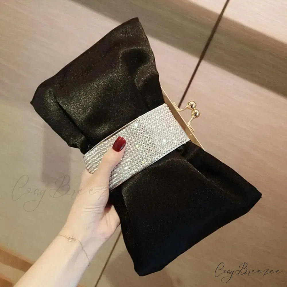 Luxury Rhinestone Bow Clutch black PU clutchbag-250126