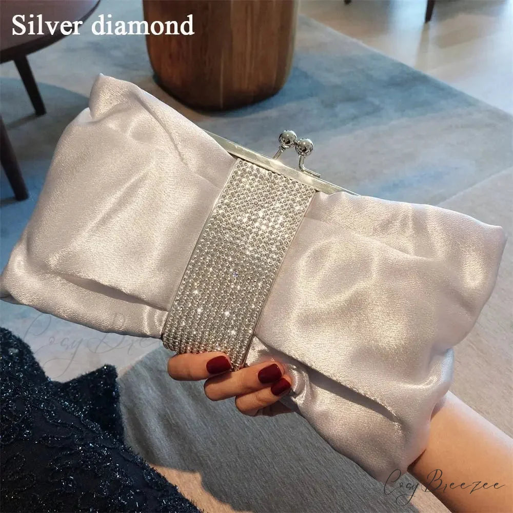 Luxury Rhinestone Bow Clutch silver diamond clutchbag-250126