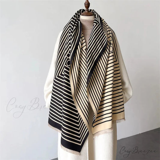 Luxury Stripe Print Cashmere Scarf black1 scarf-241228