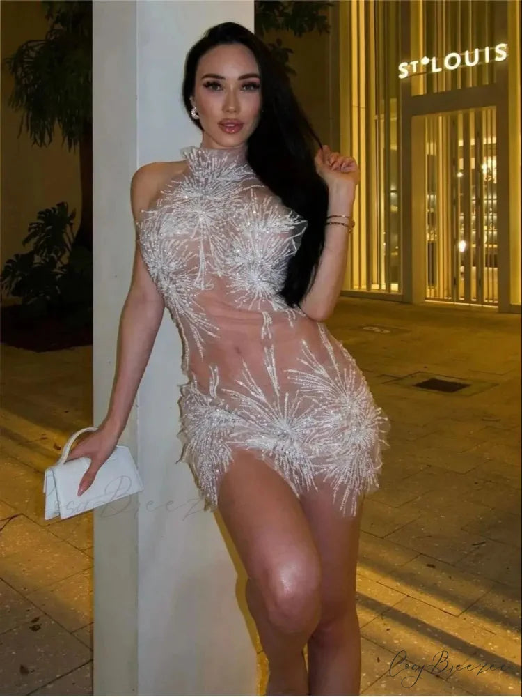 Luxury White Pearls Mesh Party Dress WHITE / S