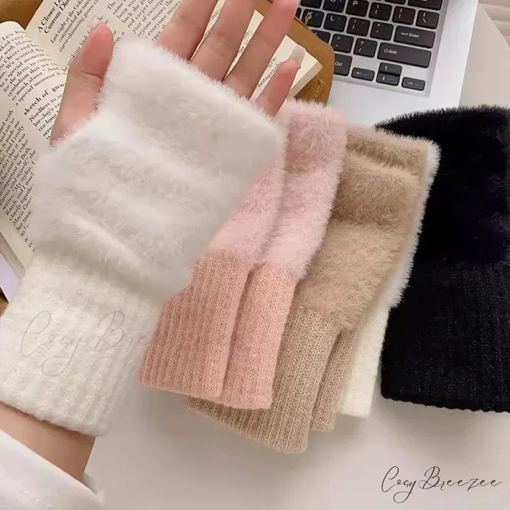 Luxury White Plush Knitted Fingerless Winter Writing Christmas Glove