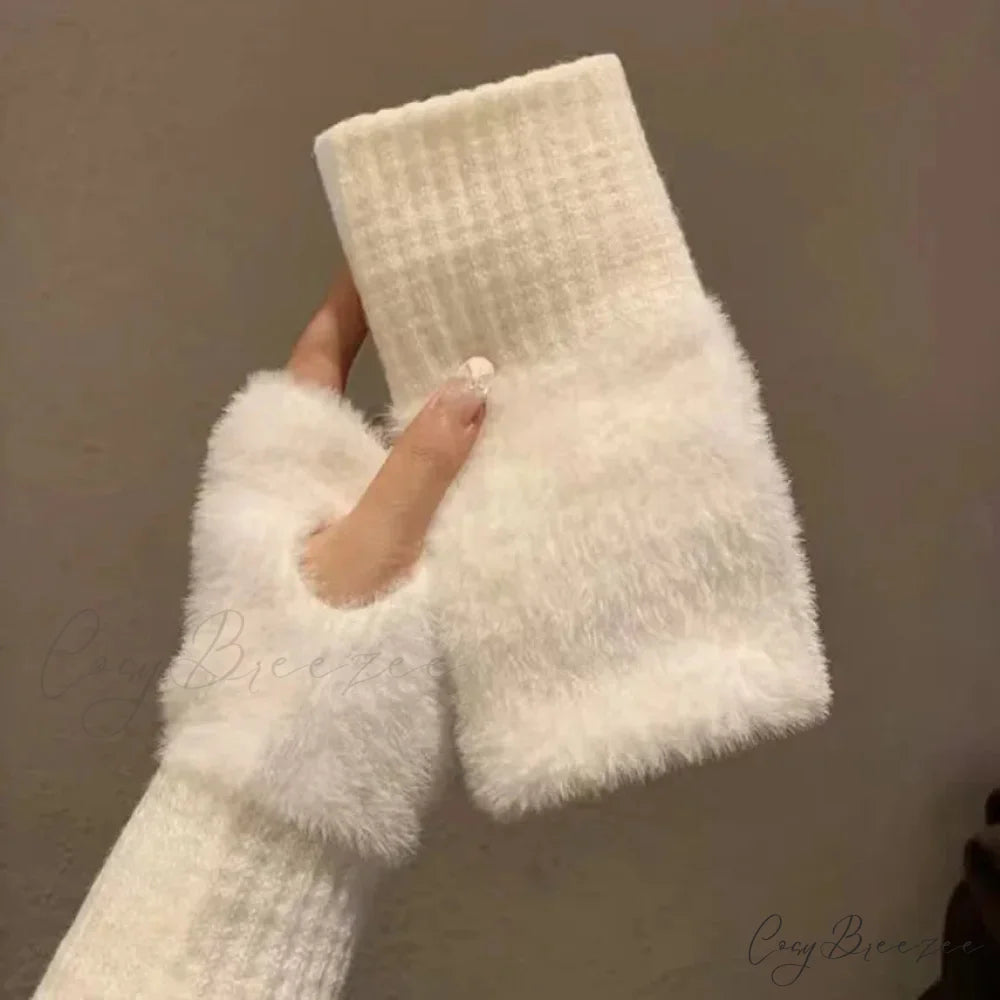 Luxury White Plush Knitted Fingerless Winter Writing Christmas Glove WHITE