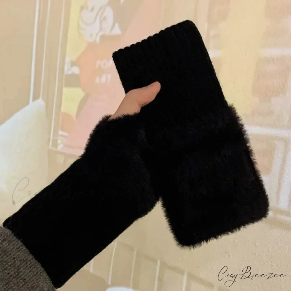 Luxury White Plush Knitted Fingerless Winter Writing Christmas Glove Black