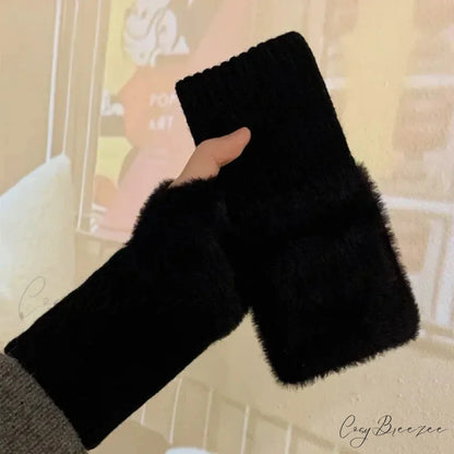 Luxury White Plush Knitted Fingerless Winter Writing Christmas Glove Black