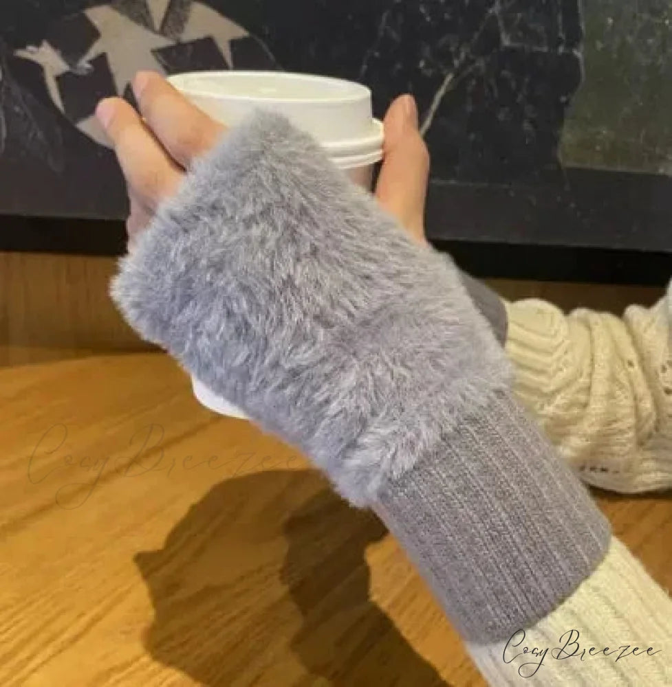 Luxury White Plush Knitted Fingerless Winter Writing Christmas Glove GRAY