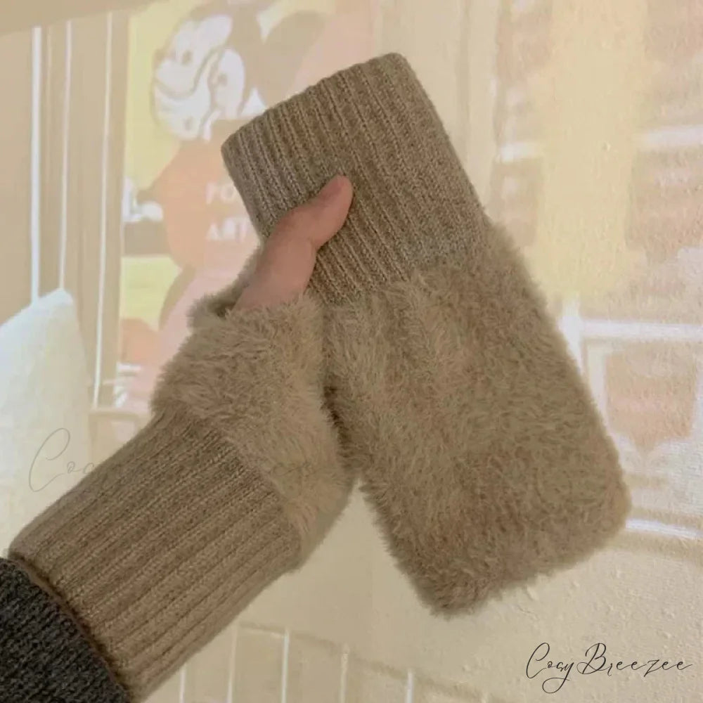 Luxury White Plush Knitted Fingerless Winter Writing Christmas Glove khaki