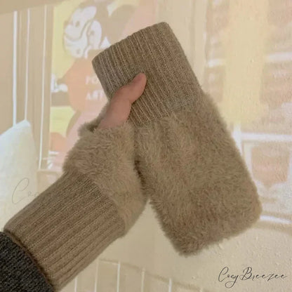 Luxury White Plush Knitted Fingerless Winter Writing Christmas Glove khaki