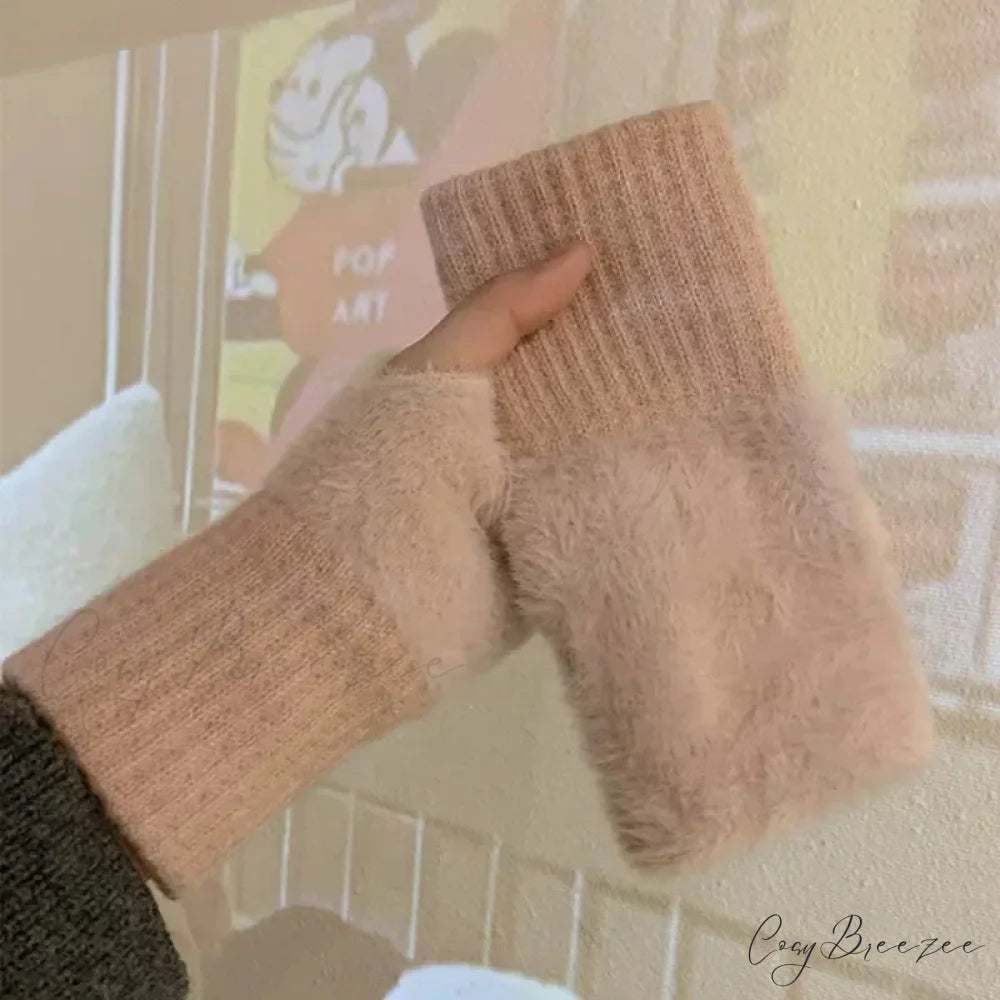 Luxury White Plush Knitted Fingerless Winter Writing Christmas Glove Pink