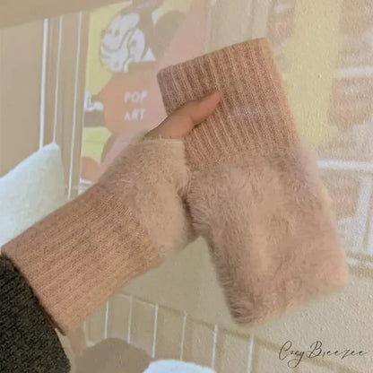 Luxury White Plush Knitted Fingerless Winter Writing Christmas Glove Pink