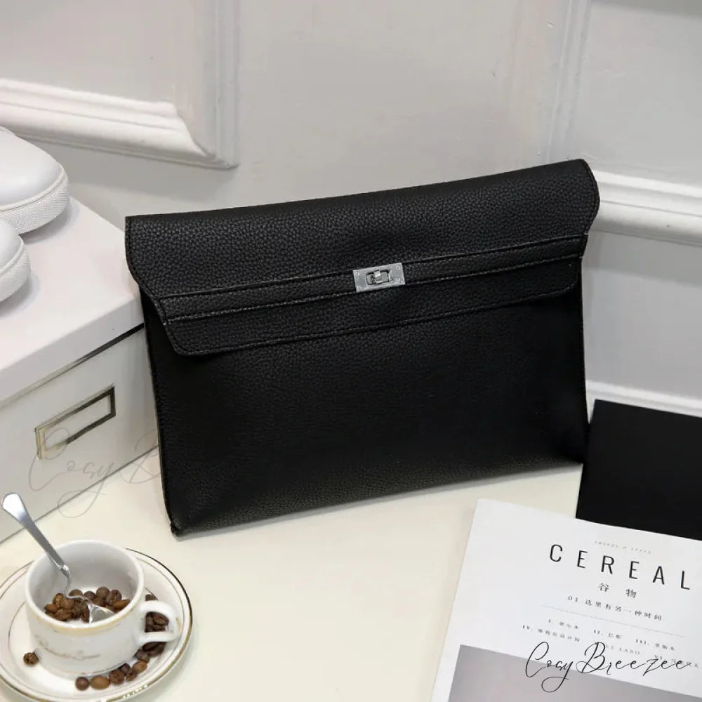 Lychee Pattern PU Leather Envelope big black wristlet-250126