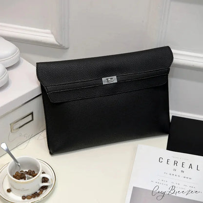 Lychee Pattern PU Leather Envelope big black wristlet-250126