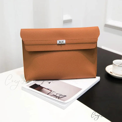 Lychee Pattern PU Leather Envelope big brown wristlet-250126