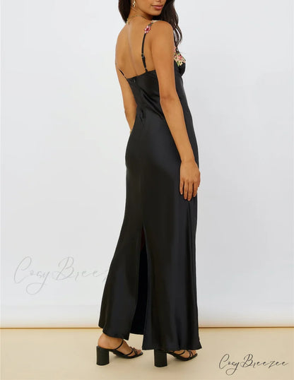 Magnetic Forces Flower Charming Embroidery Maxi Dress Black